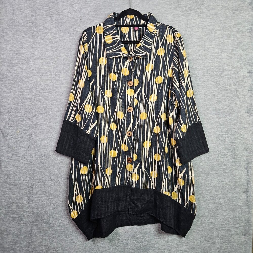 Cupcake Lagenlook Women's Artistic Yellow White Abstract Printed Dress Sz L